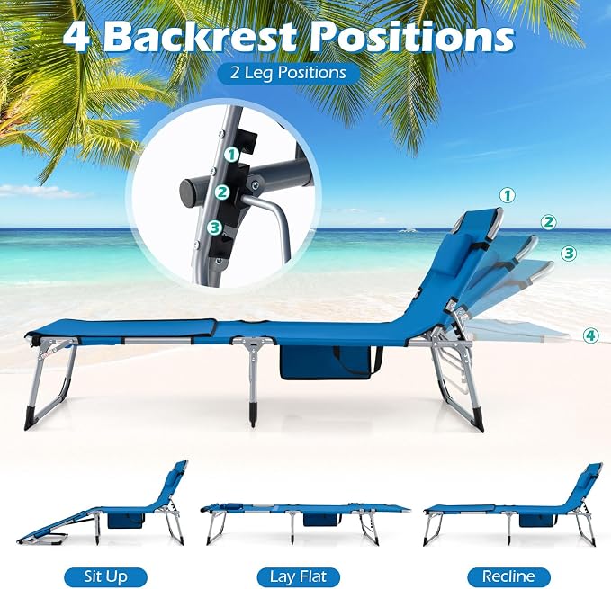 GYMAX Tanning Chair, 3 in 1 Sun Bathing Lounge Chairs with Face/Arm Holes & Side Pocket, Portable Lightweight Face Down Layout Tanning Chair for Outside, Beach, Backyard, Poolside (1, Blue)