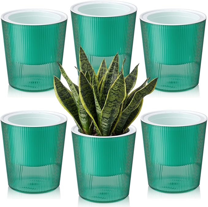 6 Pack Self Watering Pots for Indoor Plants Plastic Vertical Ribbed Semi Transparent Planters, Dual Layer Reservoir for Indoor Succulents Herbs Pothos(Green, White,4 x 4.3 Inch)
