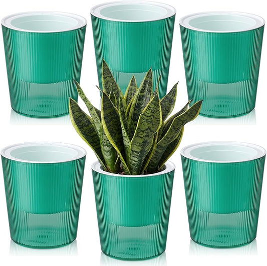 6 Pack Self Watering Pots for Indoor Plants Plastic Vertical Ribbed Semi Transparent Planters, Dual Layer Reservoir for Indoor Succulents Herbs Pothos(Green, White,4 x 4.3 Inch)