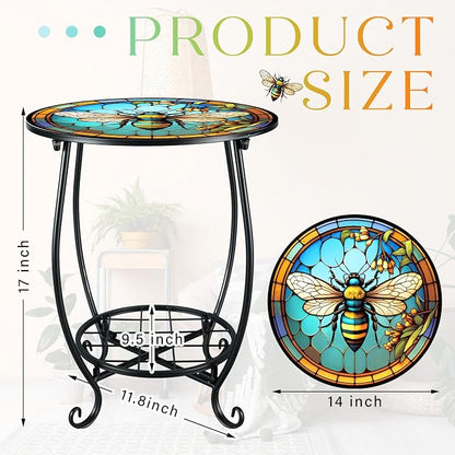 Cinnvoice Outdoor Side Table Round Small Mosaic Patio Accent Indoor End Plant Coffee Tea Table for Yard Patio Porch Garden Living Room, Bedroom(Bee Style,14 Inch)