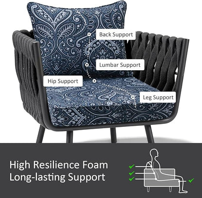Outdoor Patio Chair Cushions Set, 22" x 22", Set of 2, Water-Repellent, Fade Resistant, Deep Seat Bottom and Back Cushion for Backyard, Couch, Sofa and Patio Furniture, Damask Blue Flower