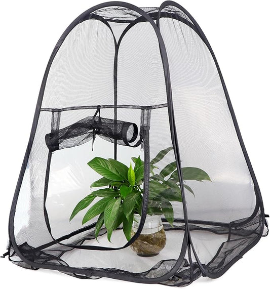 Mesh Plant Cover from Animals, Plant Netting Pest Guard Cover, Plant Tent Cage Pop-up with 4 Stakes for Vegetables, Fruits, Flowers (Black, 36 x 36 x 39 Inches)
