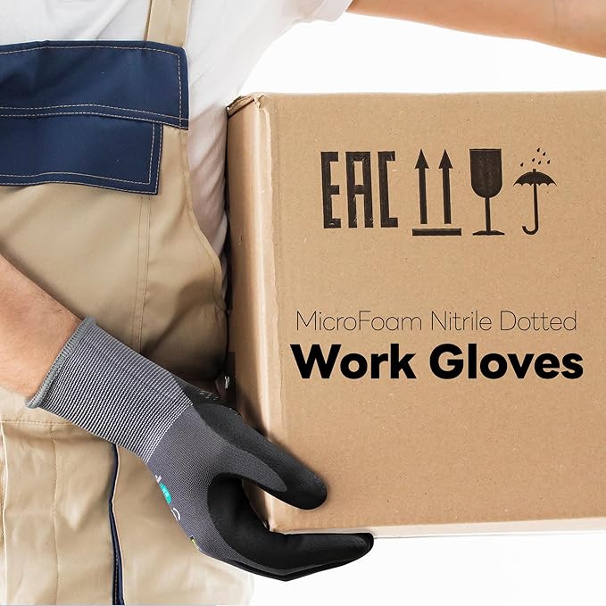 DULFINE Work Gloves for Men and Women,Grey Nylon with MicroFoam Nitrile Coated-12 Pairs Pack, Dots on Palm for Anti-slip and Extra Abrasion Resistant(XX-Large)