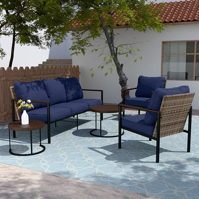 COOS BAY Sand Dune 5 Piece Wicker Patio Furniture Set, Rattan Outdoor Furniture with Nesting Tables, Chairs, Couch, and Coffee Tables, Brown/Blue