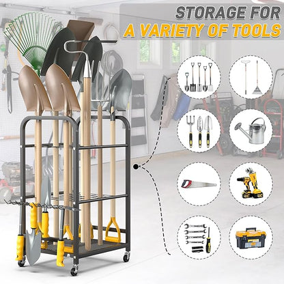 Ultrawall Garden Tool Organizer Stand, Yard Tool Storage Rack with Lockable Wheels, Garage Tool Storage for Rake, Brooms, Indoor & Outdoor Use