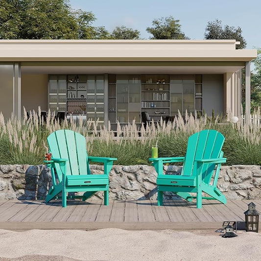 Ciokea Folding Adirondack Chair Wood Texture, Patio Adirondack Chair Weather Resistant, Plastic Fire Pit Chair with Cup Holder, Lawn Chair for Outdoor Porch Garden Backyard Deck (Lake Blue, 2Pack)