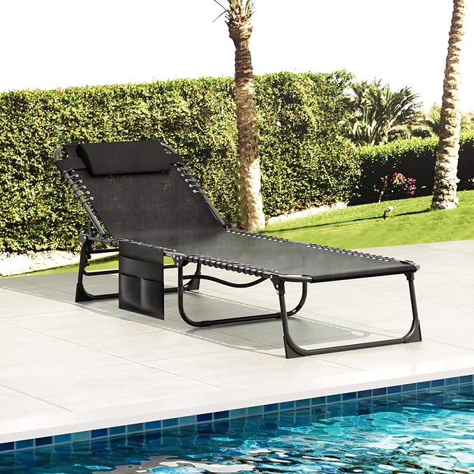 EBE Folding Lounge Chair, Outdoor Adjustable Chaise Lounge Chair, Portable Tanning Chaise with Detachable Pillow and Side Pocket, Reclining Chairs for Pool Beach Patio Sunbathing, Black