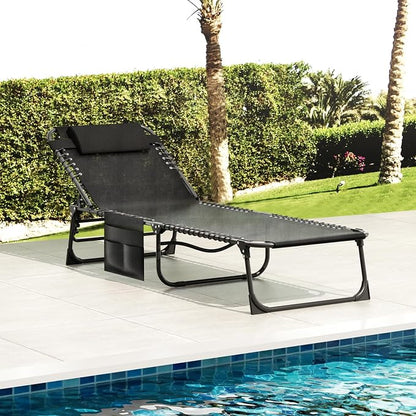 EBE Folding Lounge Chair, Outdoor Adjustable Chaise Lounge Chair, Portable Tanning Chaise with Detachable Pillow and Side Pocket, Reclining Chairs for Pool Beach Patio Sunbathing, Black