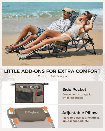 KingCamp 2 Pack Tanning Chair with Face Hole, Lounge Chairs Outdoor Folding Portable Comfy Adjustable 5-Position Lay Flat Foldable Chaise Chaser Lounger for Outside Beach Patio Sun bathing Pool, Beige