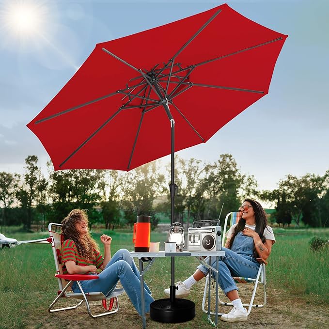 FLAME&SHADE 9ft Patio Umbrella - 2 Tiers Outdoor Umbrella with Push Button Tilt and Crank for UV Protection, Table Market Umbrella for Garden, Deck, Backyard, Pool and Beach(Red)