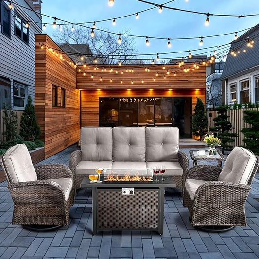 HUMMUH 5-Piece Patio Furniture Set with Fire Pit,Wicker Outdoor Swivel Rocker Chairs Patio Sofa for Backyard,Poolside,Deck