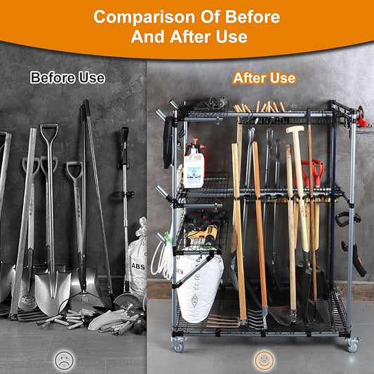 BIG Garden Tool Organizer with Wheels - Rolling Storage Rack - Multifunctional Cart