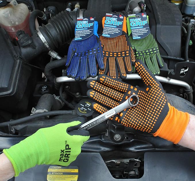Midwest Gloves & Gear 94P06-LX-00 Grip 6 Pack Men's Max Performance Glove, Orange- Fits Large-XL