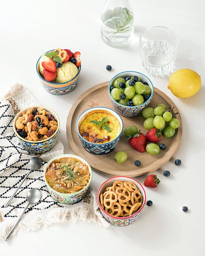 6 oz Ceramic Ramekins Set of 6, Boho Baking Cups & Dessert Dishes | Oven Safe, Ideal for Crème Brûlée, Soufflés, Custards, Puddings, Lava Cakes & Everyday Baking