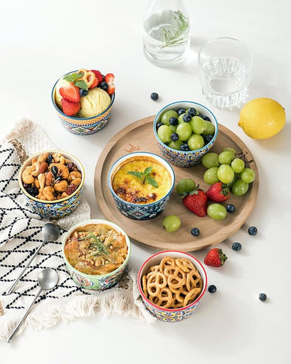 6 oz Ceramic Ramekins Set of 6, Boho Baking Cups & Dessert Dishes | Oven Safe, Ideal for Crème Brûlée, Soufflés, Custards, Puddings, Lava Cakes & Everyday Baking