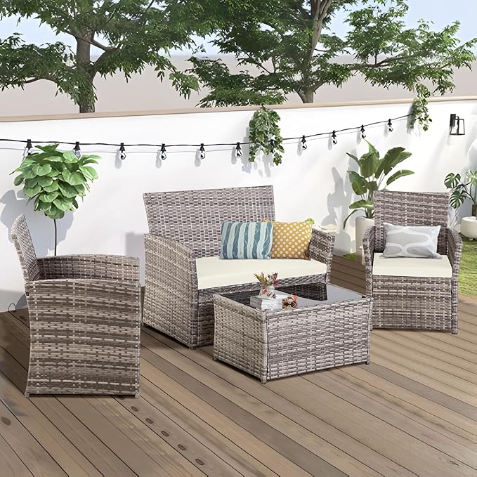 FHFO 4 Piece Outdoor Patio Furniture Sets, Wicker Sectional Conversation Sofa Set, Rattan Chairs Table Loveseat with Cushions for Outside Balcony Porch Backyard (Gray-Beige)