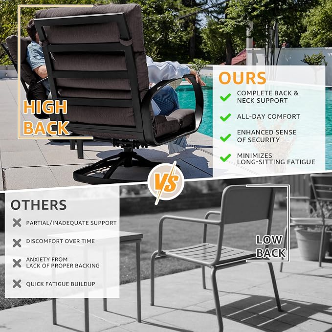 NATURAL EXPRESSIONS Patio Bistro Set, 3 Piece Outdoor Swivel Glider Rocking Chairs, Conversation Furniture with 2 Highback Rockers, 1 Table and 5" Cushion for Backyard,Porch,Yard,350lb. (Dark Grey)