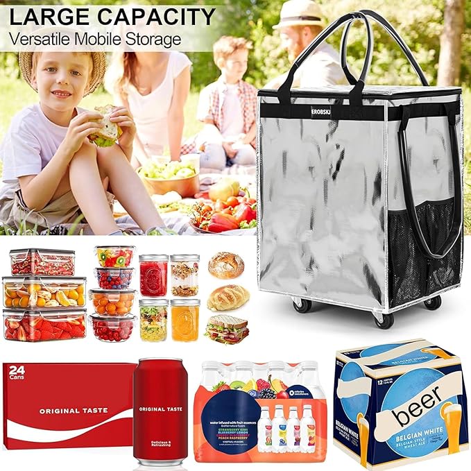 (Medium,Silver) Reusable Grocery Bag on Wheels, 70L Foldable Rolling Tote, Carries Up to 66 lbs Shopping Trolley, Zipper Clouser Shopping Carts for Trips, Laundry, 4 Heavy Duty Wheels and 3 Handles