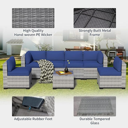 7-Piece Outdoor Sectional Patio Furniture Set, All-Weather Wicker Rattan Sofa w/Thick Washable Cushions & Tempered Glass Table, Perfect for Garden, Poolside, Backyard (7, Graywhite&Navy Blue)