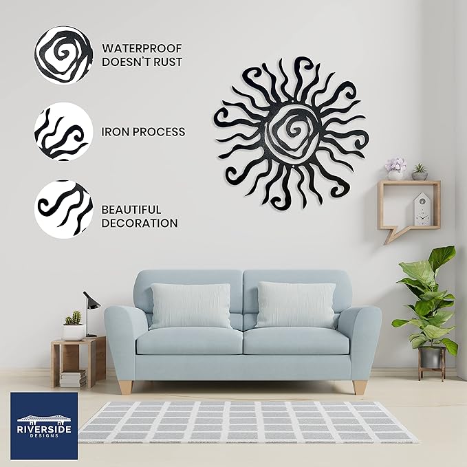 Riverside Designs Wacky Sun Metal Wall Art Indoor/Outdoor Decor - 12" Black Rust Proof Wall Sculpture - Made in USA - Ideal for Bedroom, Garden, Home, Patio and Farmhouse