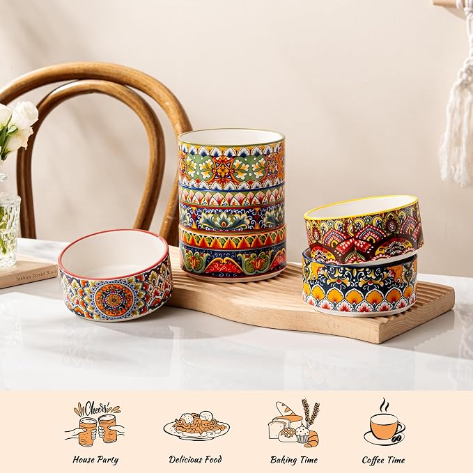 Henten Home Ceramic Ramekins Set Oven Safe, Colorful Creme Brulee Ramekins Set of 6, Boho Baking Cups for Cake, Pudding, Souffle, Ice Cream, Snack, Dipping, Microwave & Dishwasher Safe(4 oz)
