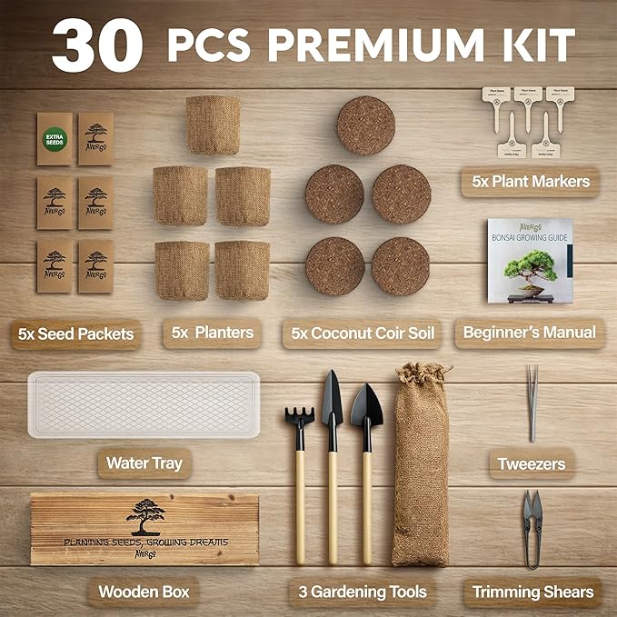 Bonsai Tree Kit for Beginners – 5X Unique Japanese Bonzai Trees | Complete Indoor Bonsai Starter Kit for Growing Bonsai Plants with Tools & Planters – DIY Gardening Gifts for Women & Men