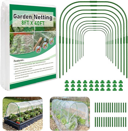 Garden Netting Kit for Raised Beds, 8x40ft Ultra Fine Mesh Netting & 10 Sets Garden Hoops with Clips, Row Cover Net Protection Plant Covers Set for Greenhouse Vegetable Fruits Flowers Barrier