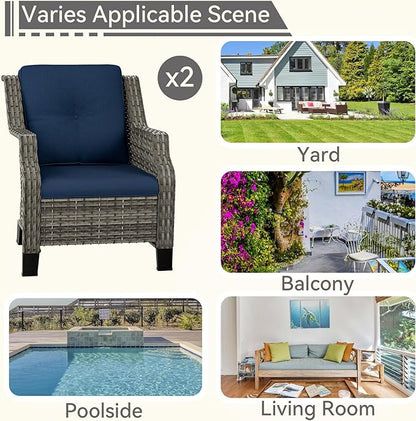 Patio Chairs Set of 2 Rattan Chair Patio Furniture Set with Thick Cushions and All-Weather PE Wicker for Garden, Patio and Porch, Navy