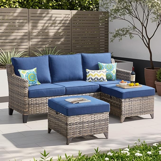 Buenhomino 3 Pieces Patio Furniture Sofa Set-Outdoor Wicker Patio Furniture Covered Couch with Multifunctional Ottoman and All-Weather Patio Conversation Set for Backyard Porch Garden Grey/Blue