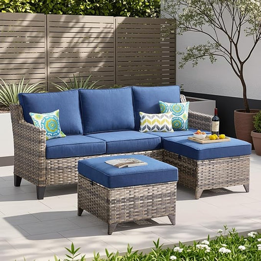 Buenhomino 3 Pieces Patio Furniture Sofa Set-Outdoor Wicker Patio Furniture Covered Couch with Multifunctional Ottoman and All-Weather Patio Conversation Set for Backyard Porch Garden Grey/Blue