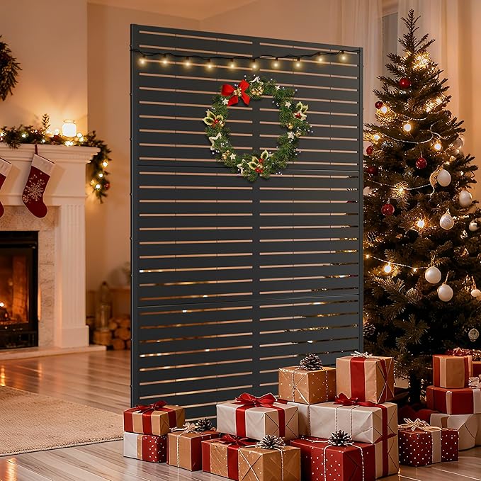 Metal Privacy Screen with Stand 72" H×47" W Outdoor Freestanding Privacy Screen & Panels, Outdoor Privacy Screen for Deck Patio Balcony(Black-Louvered)