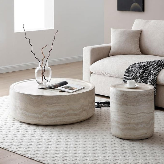 kevinplus Round Faux Stone Coffee Table Side End Table Set of 2 for Living Room, Modern Contemporary Circle Drum Style, Fiberglass Material, No Assembly (Mars Texture, 2-Pcs)
