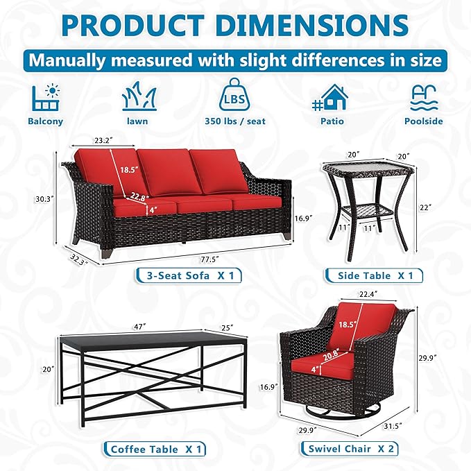 Vista Vibe 5 Pieces Outdoor Rattan Patio Conversation Furniture Set - 78" 3-Seat Sofa | 2 Swivel Glider Rocker Chairs | Wicker End Table | Metal Table, Upholstered Loveseat, Deck (Brown/Red)