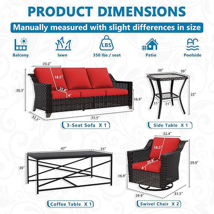 Vista Vibe 5 Pieces Outdoor Rattan Patio Conversation Furniture Set - 78" 3-Seat Sofa | 2 Swivel Glider Rocker Chairs | Wicker End Table | Metal Table, Upholstered Loveseat, Deck (Brown/Red)