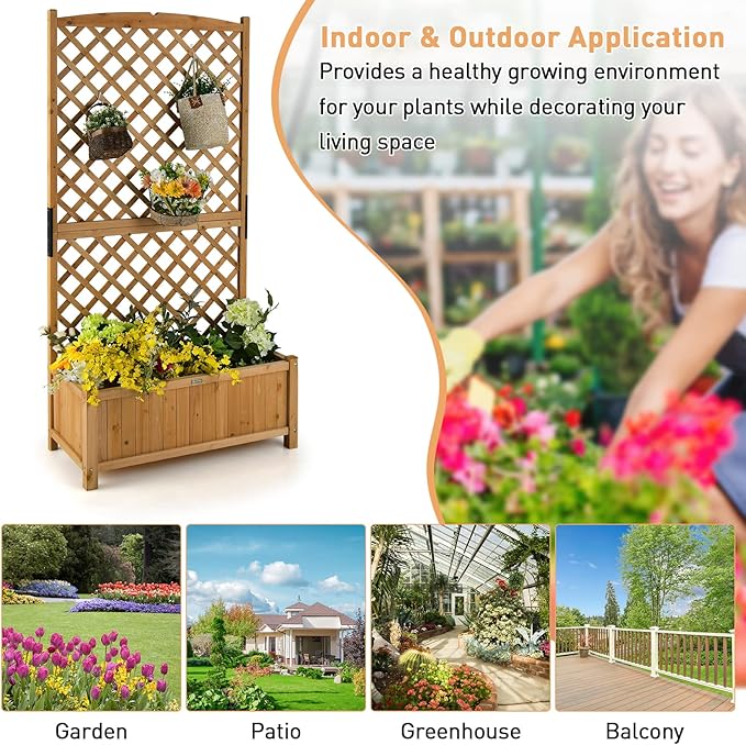 Giantex Planter Raised Bed with Trellis, 71" Wooden Garden Bed, High Trellis for Vine Plant Flower Climbing Pot Hanging, Indoor & Outdoor Planter Box for Yard, Garden, Balcony