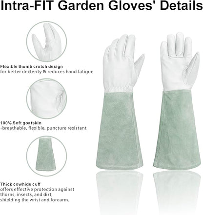 Leather Gardening Gloves – Goatskin Palm & Cowhide Cuff, Thorn-Resistant Long Garden Work Gloves