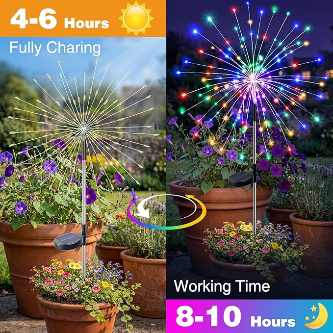 btfarm 2 Pack Solar Garden Lights Outdoor 8 Modes, 120 LED Firework Lights Solar Powered, Waterproof Twinkle Fairy Light Outside for Yard Pathway Lawn Pool Patio Christmas Decorative, Multicolor