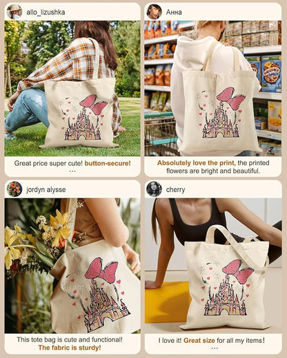 Miss Adola Canvas Tote Bag for Women – Aesthetic Canvas Bag with Zipper Cute Stylish Reusable Shoulder Totes for Shopping Work Daily Vacation, Bow Castle