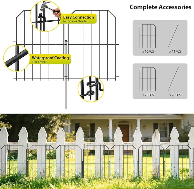 VANCASTLE Decorative Garden Fence, Toatal 25FT(L) x 24IN(H) Outdoor Metal No Dig Fence Animal Barrier, Rustproof No-Tool Assembly Landscape Edging for Yard, Lawn, Patio, Flower Bed-25 Panels Design A