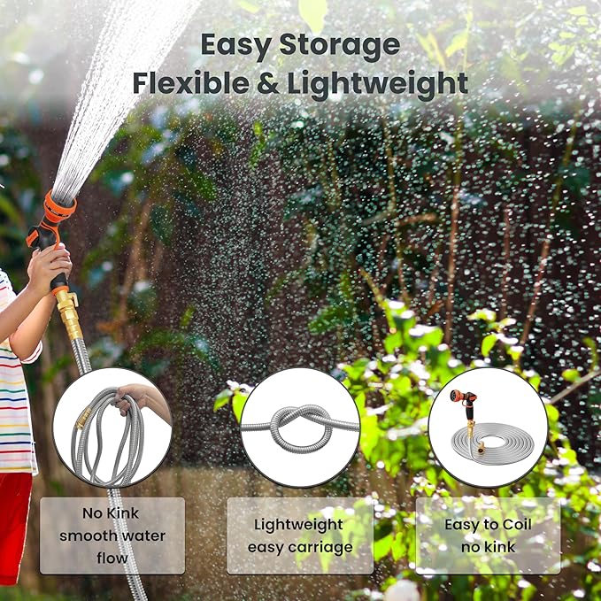 Giraffe Tools Garden Hose 25ft x 5/8", 304 Stainless Steel Metal Water Hose, No Kink Garden Water Hose with 9 Pattern Spray Nozzle, Flexible, Lightweight, Kink Free Hose for Yard, Outdoor