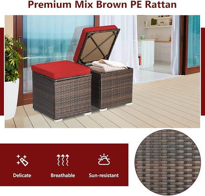 Tangkula 2 Pieces Patio Ottomans, Patiojoy Hand-Woven PE Rattan Side Table with Removable Cushion & Hidden Storage Space, Multifunctional Storage Box, Seat for Patio, Backyard, Poolside (Red)