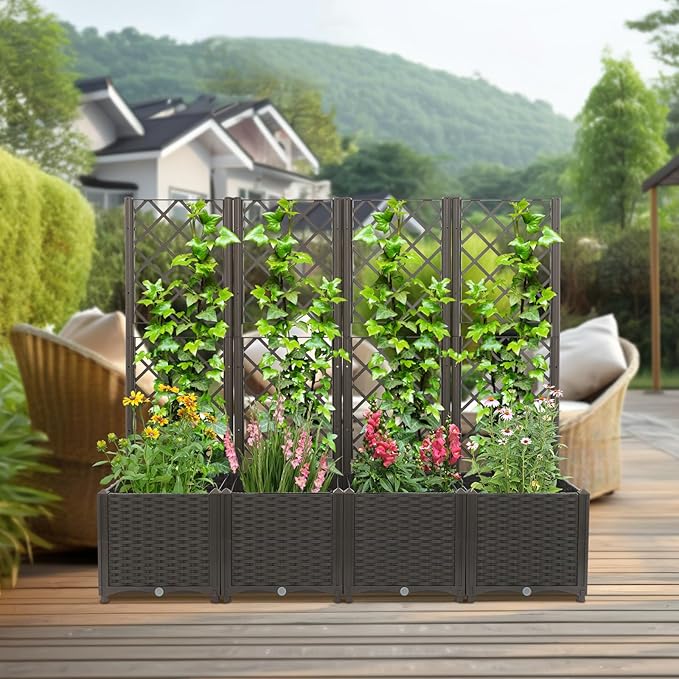 4 PCS Raised Garden Bed with Trellis, Plastic Planter Box for Climbing Plants, Outdoor Vertical Garden with Privacy Screen for Patio, Balcony, Backyard, Dark Brown