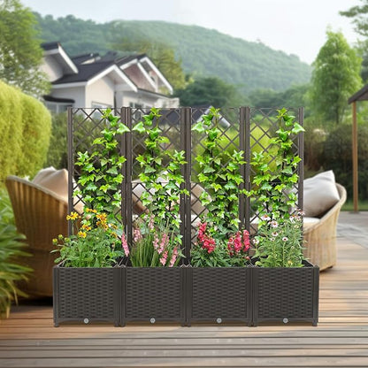 4 PCS Raised Garden Bed with Trellis, Plastic Planter Box for Climbing Plants, Outdoor Vertical Garden with Privacy Screen for Patio, Balcony, Backyard, Dark Brown