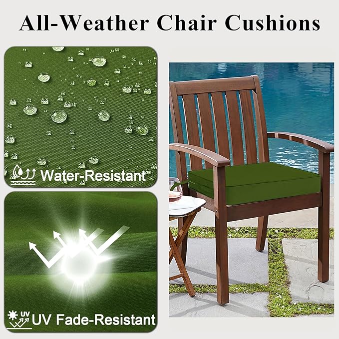 Outdoor Chair Cushions 24x24x4 Inch, Waterproof Green Patio Furniture Cushions Set of 2 with Ties & Handle, 3 Year Color Fastness Square Replacement Seat Cushions for Sofa, Couch