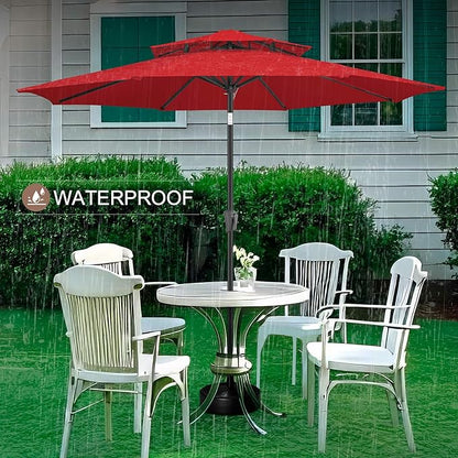 FLAME&SHADE 9ft Patio Umbrella - 2 Tiers Outdoor Umbrella with Push Button Tilt and Crank for UV Protection, Table Market Umbrella for Garden, Deck, Backyard, Pool and Beach(Red)