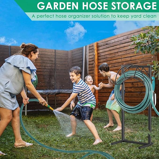 TomCare Garden Hose Holder 4 Spikes Garden Hose Reel Hose Stand Upgraded Water Hose Storage with Tool Hooks Garden Hose Hanger Organizer Holds 160ft Hoses for Outside Yard Lawn, Black