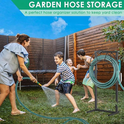 TomCare Garden Hose Holder 4 Spikes Garden Hose Reel Hose Stand Upgraded Water Hose Storage with Tool Hooks Garden Hose Hanger Organizer Holds 160ft Hoses for Outside Yard Lawn, Black