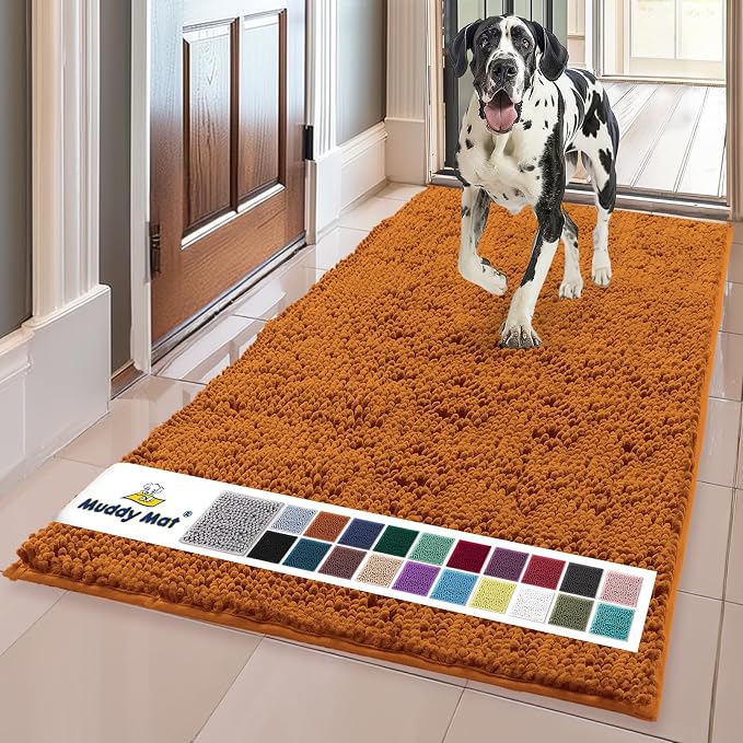 Muddy Mat® | Super Water Absorbent Door Mat Indoor, Microfiber Quick Dry Chenille Entryway Rug, Slip Resistant Front Door Mat, Indoor Mats for Entryway, Machine Washable Pet Rug, Orange 24" x 96"