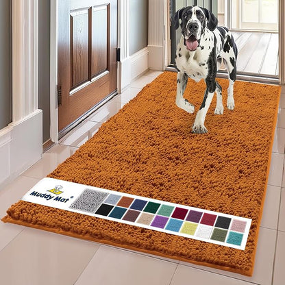 Muddy Mat® | Super Water Absorbent Door Mat Indoor, Microfiber Quick Dry Chenille Entryway Rug, Slip Resistant Front Door Mat, Indoor Mats for Entryway, Machine Washable Pet Rug, Orange 24" x 96"