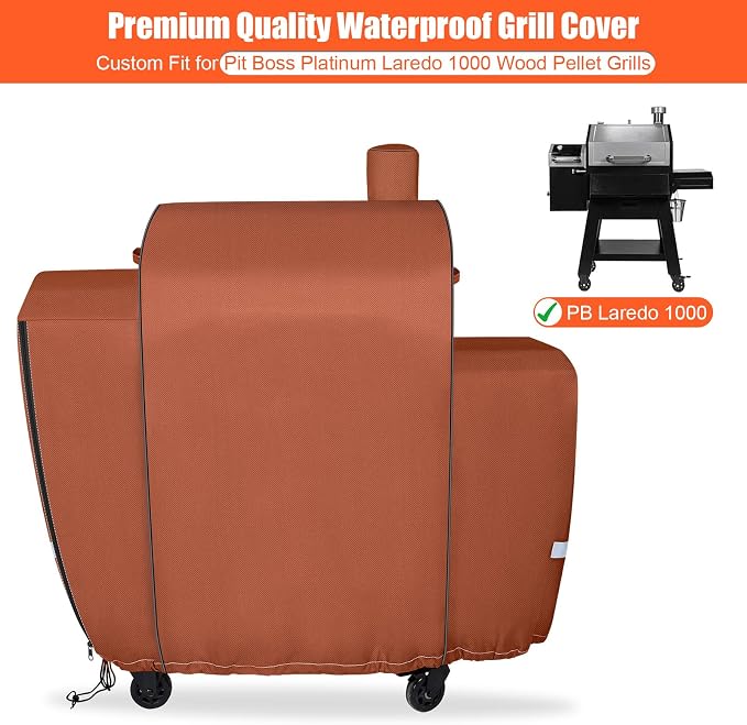 QuliMetal Grill Cover for Pit Boss Platinum Laredo 1000 Wood Pellet Grill, PB1000PL - 600D Heavy Duty Waterproof Fade Resistant Pit Boss Laredo 1000 Cover with Elastic Drawstrings&Zipper Design, Brown